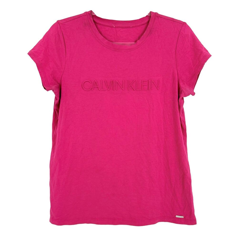 CALVIN KLEIN Women’s Embossed Logo T-Shirt M Hot Pink Magenta Crew Top EUC B70
